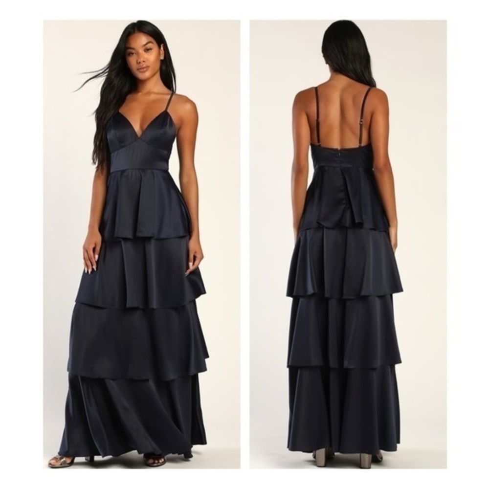 ❗️ LULUS Going with Elegance Navy Blue Satin Tiered Maxi Dress SMALL